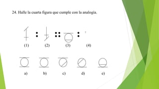 24. Halle la cuarta figura que cumple con la analogía.
(1) (2) (3) (4)
?
a) b) c) d) e)
 
