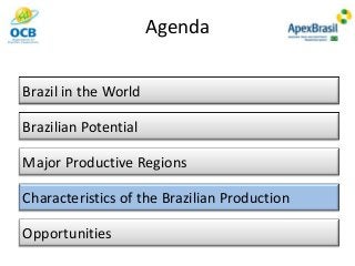 Agenda
Brazil in the World
Brazilian Potential
Major Productive Regions
Characteristics of the Brazilian Production
Opportunities
 