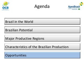 Agenda
Brazil in the World
Brazilian Potential
Major Productive Regions
Characteristics of the Brazilian Production
Opportunities
 