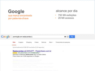 Marketing Online
• 750 Mil exibições
• 20 Mil acessos
alcance por diaGoogle
sua marca encontrada
por palavras-chave
 