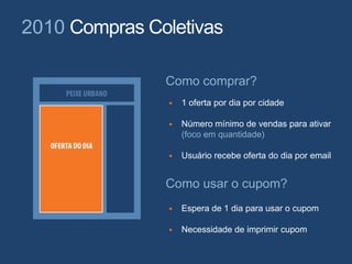 2010 Compras Coletivas
• 1 oferta por dia por cidade
• Número mínimo de vendas para ativar
(foco em quantidade)
• Usuário recebe oferta do dia por email
• Espera de 1 dia para usar o cupom
• Necessidade de imprimir cupom
Como comprar?
Como usar o cupom?
 