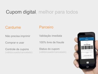 Não precisa imprimir
Comprar e usar
Controle de cupons
(válido/usado/cancelado)
Cardume
Validação imediata
100% livre de fraude
Status do cupom
(válido/usado/cancelado)
Parceiro
Cupom digital, melhor para todos
 