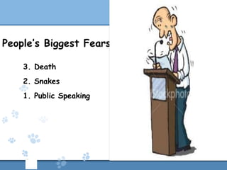 People’s Biggest Fears

    3. Death
    2. Snakes
    1. Public Speaking
 