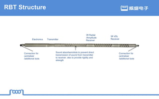 RBT Structure
Electronics Transmitter
3ft Radial
/Amplitude
Receiver
5ft VDL
Receiver
Sound absorbers/slots to prevent direct
transmission of sound from transmitter
to receiver, also to provide rigidity and
strength
Connection for
centralizer
/additional tools
Connection for
centralizer
/additional tools
 