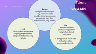 04
Tujuan,
Visi & MisiTujuan
Memperoleh keuntungan
yang besar dari usaha
produksi ini serta menambah
pengalaman serta ilmu
kewirausahaan yang mandiri
Visi
Menciptakan sebuah merk
dagang yang kompetitif
dengan mutu kualitas yang
terbaik
Misi
1. Memberikan hasil
produksi dengan mutu
yang terbaik kepada
masyarakat
2. menggunakan bahan baku
berkualitas dalam
memproduksi keripik.
 