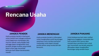 06
Rencana Usaha
JANGKA PENDEK
Usaha produksi keripik ini bertujuan
untuk melatih kami sebagai produsen
untuk bagaimana membangun dan
merintis sebuah usaha dengan baik
sehingga dapat menghasilkan hasil
produksi dengan kualitas yang terbaik,
dalam artian juga menambah
keilmuan kami dalam berwirausaha
mandiri
JANGKA MENENGAH
Usaha produksi keripik ini diharapkan
untuk menghasilkan profit keuntungan
yang besar serta merebut perhatian
masyarakat untuk dapat menjadi
produk pilihan yang mereka beli dan
konsumsi.
JANGKA PANJANG
Untuk kedepannya kami akan melihat
bagaimana tanggapan masyarakat atas
hasil produksi kami karena akan
menjadi dasar pemikiran kami untuk
opsi menambah rasa keripik yang lain.
diharapkan dapat menghasilkan
keuntungan yang semakin besar
 