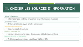 III. CHOISIR LES SOURCES D’INFORMATION
Type d’information
• Informations de synthèse en premier lieu, Informations médicale
Type de document
• Thèses, articles de revue, articles scientifiques
Supports de consultation
• Documents électroniques
Outils d’interrogation
• Moteurs de recherche, bases de données, bibliothèques en ligne
Modalité d’accès au document
• Articles gratuits ou payant en utilisant SNDL et HAL
25
 