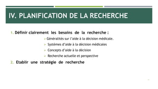 IV. PLANIFICATION DE LA RECHERCHE
1. Définir clairement les besoins de la recherche :
 Généralités sur l’aide à la décision médicale.
 Systèmes d’aide à la décision médicales
 Concepts d’aide à la décision
 Recherche actuelle et perspective
2. Etablir une stratégie de recherche
26
 