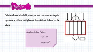 Calcular el área lateral del prisma, en este caso es un rectángulo
cuya área se obtiene multiplicando la medida de la base por la
altura
Área lateral= base ∙altura
= 50 ∙28
= 1400 𝑐𝑚2
 
