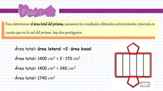 Para determinar el áreatotaldelprisma,sumamos los resultados obtenidos anteriormente, teniendo en
cuenta que en la red del prisma hay dos pentágonos.
Área total= área lateral +2 ∙ área basal
Área total= 1400 𝑐𝑚2 + 2 ∙ 170 𝑐𝑚2
Área total= 1400 𝑐𝑚2 + 340 𝑐𝑚2
Área total= 1740 𝑐𝑚2
 