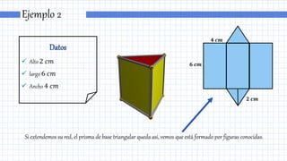 Ejemplo 2
Datos
 Alto 2 𝑐𝑚
 largo 6 𝑐𝑚
 Ancho 4 𝑐𝑚
Si extendemos su red, el prisma de base triangular queda así, vemos que está formado por figuras conocidas.
𝟐 𝒄𝒎
𝟔 𝒄𝒎
𝟒 𝒄𝒎
 