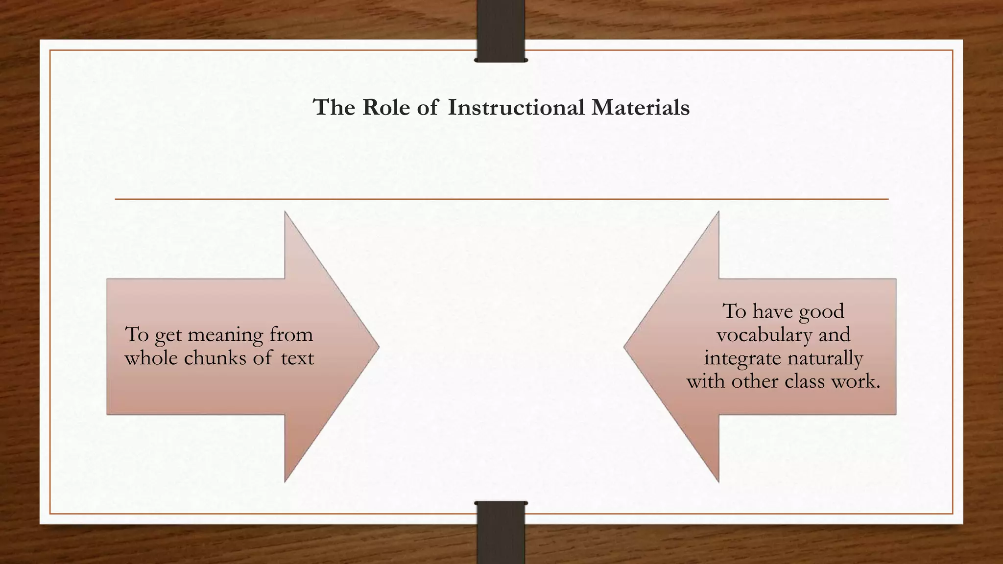 The Role of Instructional Materials
To get meaning from
whole chunks of text
To have good
vocabulary and
integrate naturally
with other class work.
 