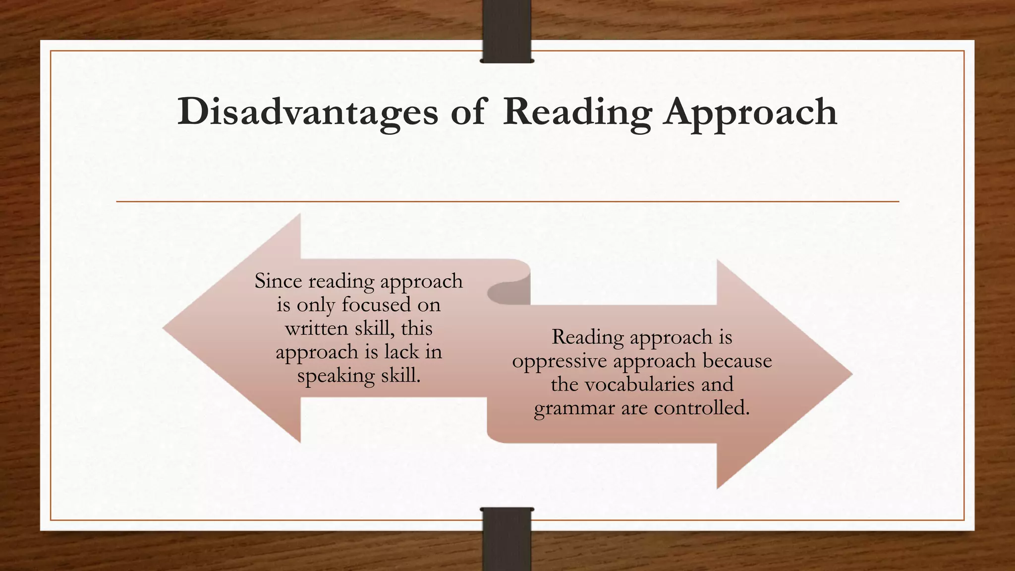 Disadvantages of Reading Approach
Since reading approach
is only focused on
written skill, this
approach is lack in
speaking skill.
Reading approach is
oppressive approach because
the vocabularies and
grammar are controlled.
 