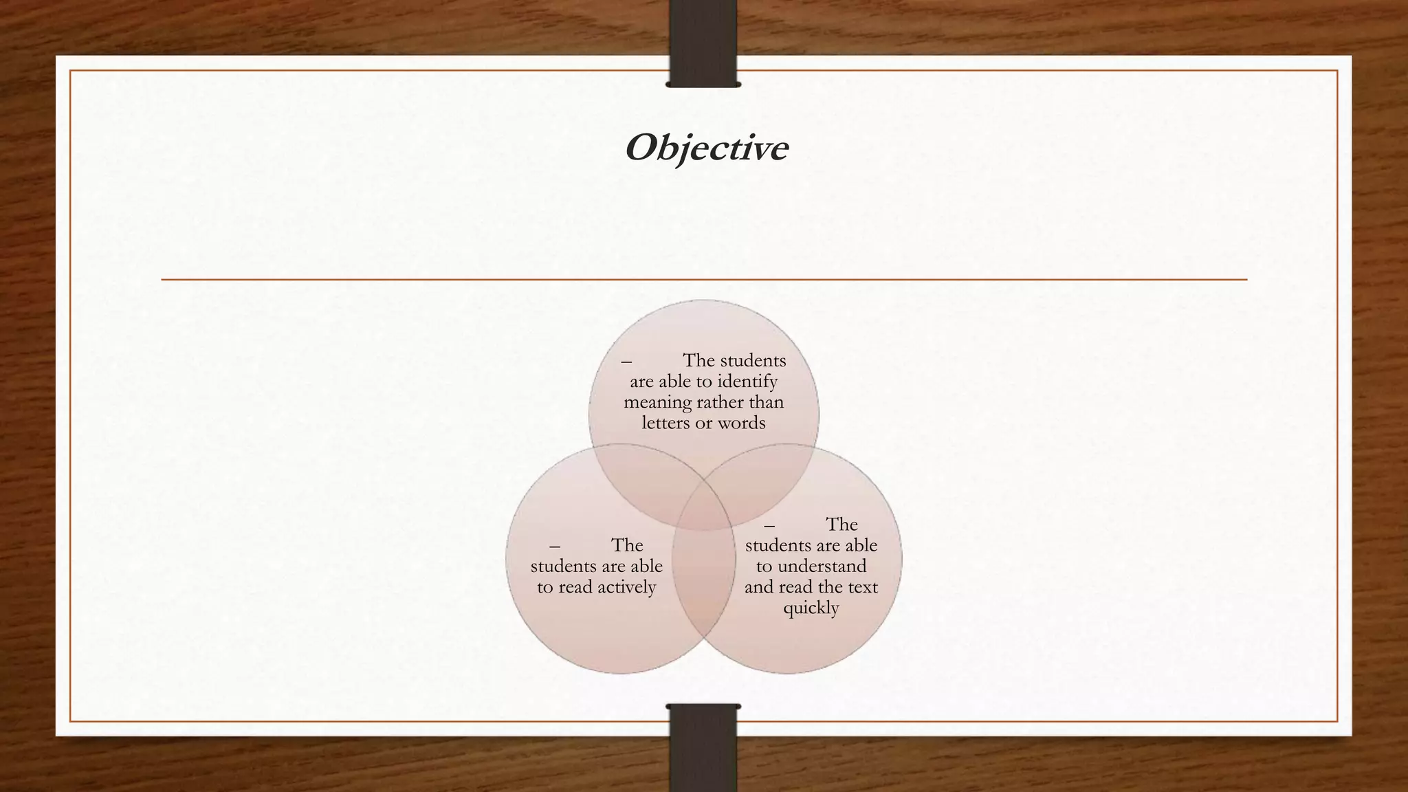 Objective
– The students
are able to identify
meaning rather than
letters or words
– The
students are able
to understand
and read the text
quickly
– The
students are able
to read actively
 