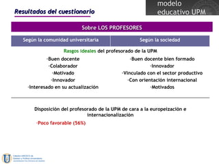 Resultados del cuestionario Sobre LOS PROFESORES Poco favorable (56%) Disposición del profesorado de la UPM de cara a la europeización e internacionalización Rasgos ideales  del profesorado de la UPM Buen docente bien formado Innovador Vinculado con el sector productivo Con orientación internacional Motivados Buen docente Colaborador Motivado Innovador Interesado en su actualización Según la sociedad Según la comunidad universitaria 