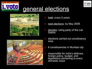 general elections Parliament House, Delhi held : every 5 years next elections : by May 2009 decides : ruling party of the Lok Sabha elections carried out constituency wise 6 constituencies in Mumbai city responsible for India’s defense, foreign policy, budget, and legislations pertaining to every domestic issue Lok Sabha Chamber – 552 members 
