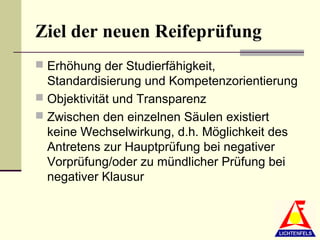 Ziel der neuen Reifeprüfung
 Erhöhung der Studierfähigkeit,
  Standardisierung und Kompetenzorientierung
 Objektivität und Transparenz
 Zwischen den einzelnen Säulen existiert
  keine Wechselwirkung, d.h. Möglichkeit des
  Antretens zur Hauptprüfung bei negativer
  Vorprüfung/oder zu mündlicher Prüfung bei
  negativer Klausur
 
