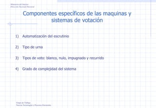 Componentes específicos de las maquinas y sistemas de votación Grupo de Trabajo Nuevas Tecnologías y Procesos Electorales Ministerio del Interior Dirección Nacional Electoral Automatización del escrutinio Tipo de urna Tipos de voto: blanco, nulo, impugnado y recurrido Grado de complejidad del sistema 
