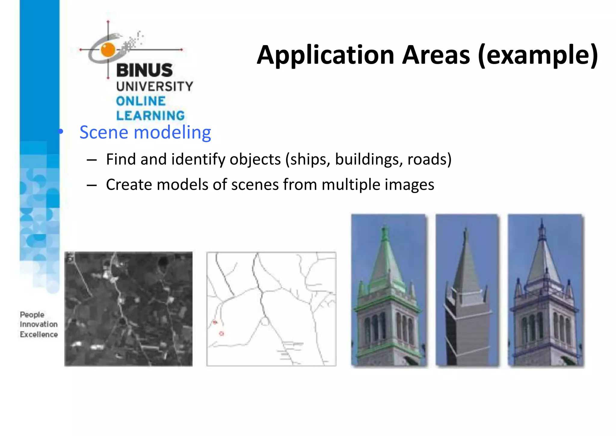 Application Areas (example)
• Scene modeling
– Find and identify objects (ships, buildings, roads)
– Create models of scenes from multiple images
 