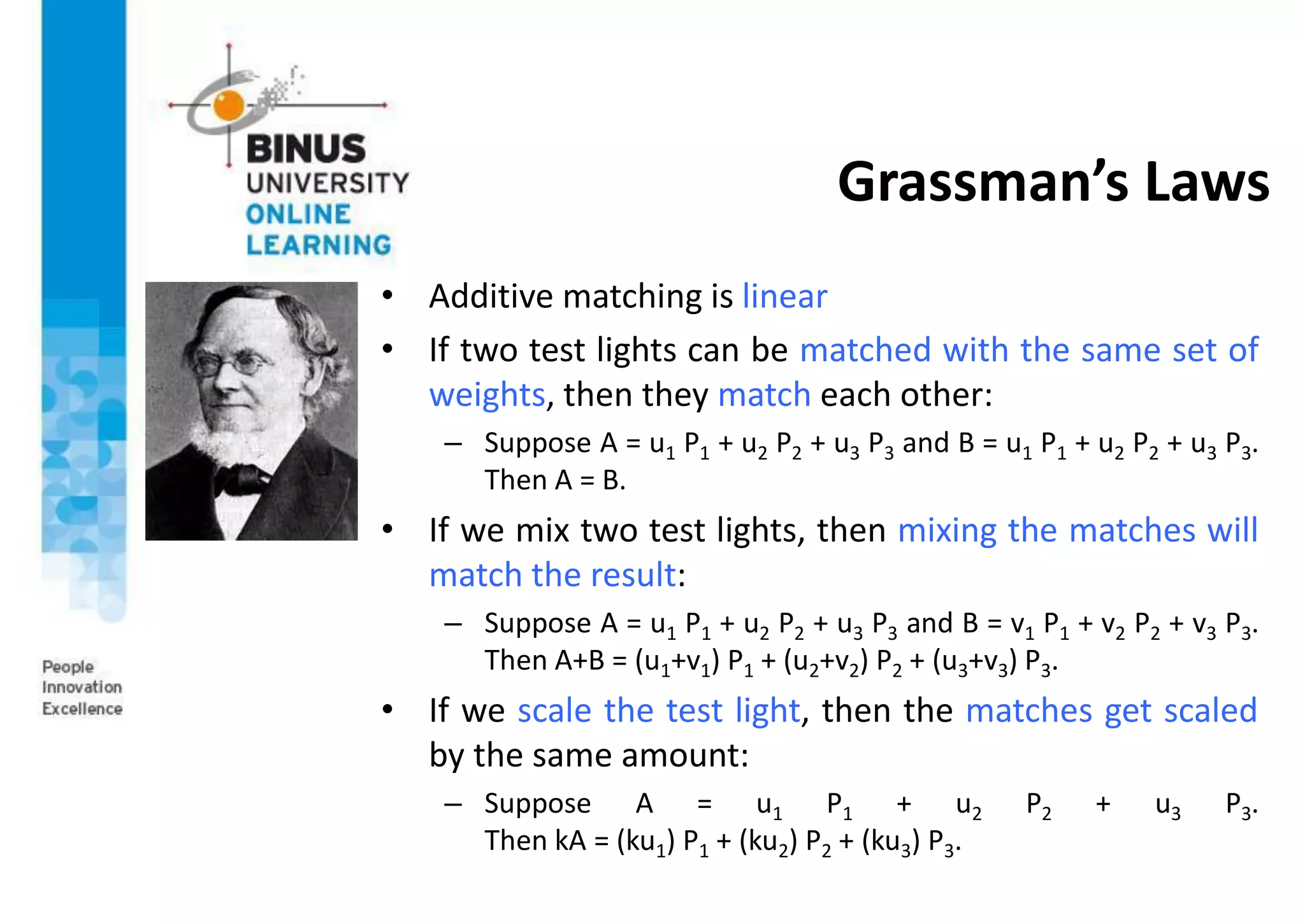 Grassman’s Laws
• Additive matching is linear
• If two test lights can be matched with the same set of
weights, then they match each other:
– Suppose A = u1 P1 + u2 P2 + u3 P3 and B = u1 P1 + u2 P2 + u3 P3.
Then A = B.
• If we mix two test lights, then mixing the matches will
match the result:
– Suppose A = u1 P1 + u2 P2 + u3 P3 and B = v1 P1 + v2 P2 + v3 P3.
Then A+B = (u1+v1) P1 + (u2+v2) P2 + (u3+v3) P3.
• If we scale the test light, then the matches get scaled
by the same amount:
– Suppose A = u1 P1 + u2 P2 + u3 P3.
Then kA = (ku1) P1 + (ku2) P2 + (ku3) P3.
 