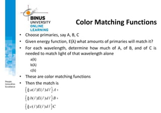 Color Matching Functions
• Choose primaries, say A, B, C
• Given energy function, E(λ) what amounts of primaries will match it?
• For each wavelength, determine how much of A, of B, and of C is
needed to match light of that wavelength alone
a(λ)
b(λ)
c(λ)
• These are color matching functions
• Then the match is
a(l)E(l)dl
ò
{ }A+
b(l)E(l)dl
ò
{ }B+
c(l)E(l)dl
ò
{ }C
 