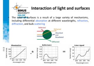Interaction of light and surfaces
• The color of surfaces is a result of a large variety of mechanisms,
including differential absorption at different wavelengths, refraction,
diffraction, and bulk scattering
 