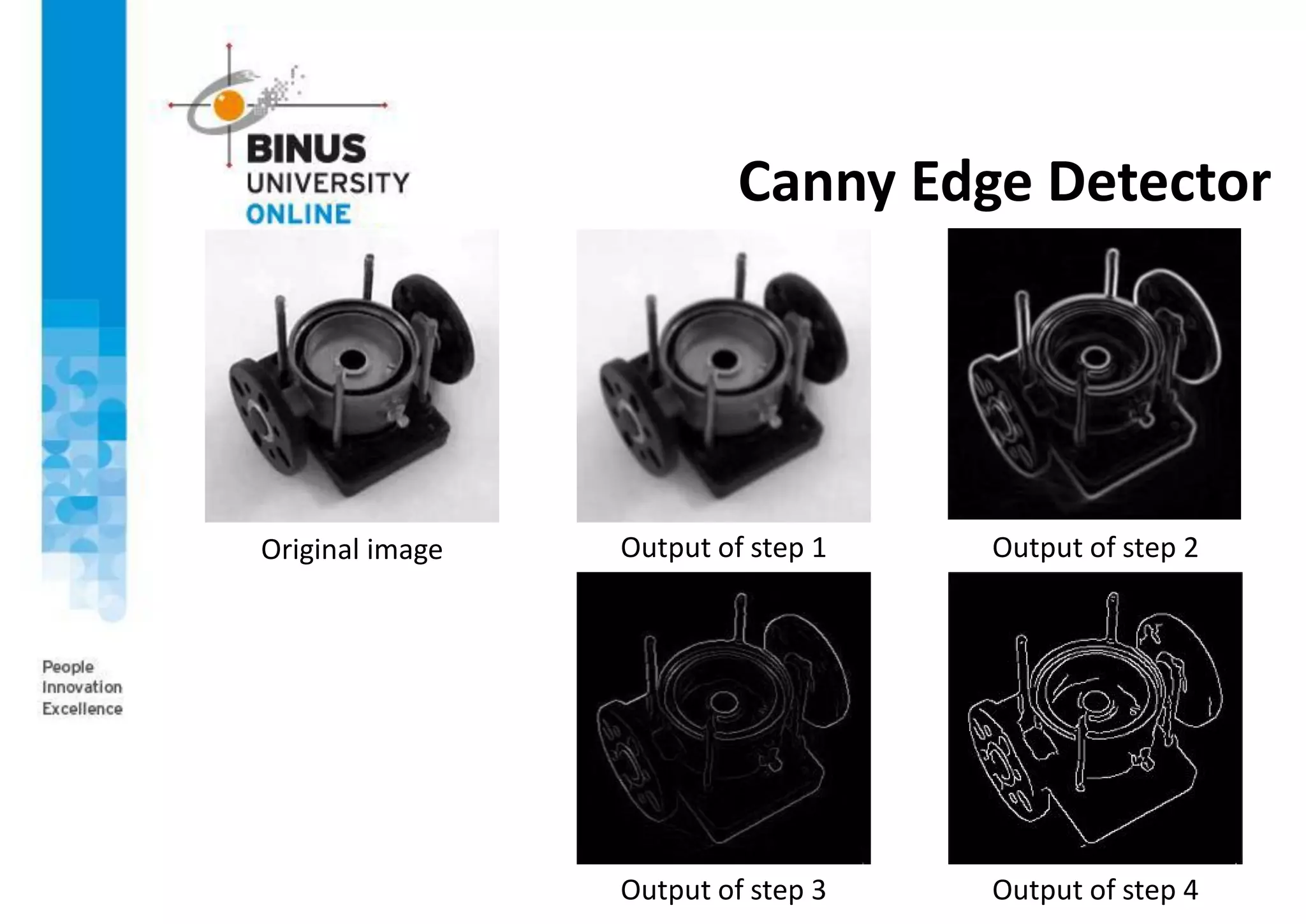 Canny Edge Detector
Original image Output of step 1 Output of step 2
Output of step 3 Output of step 4
 