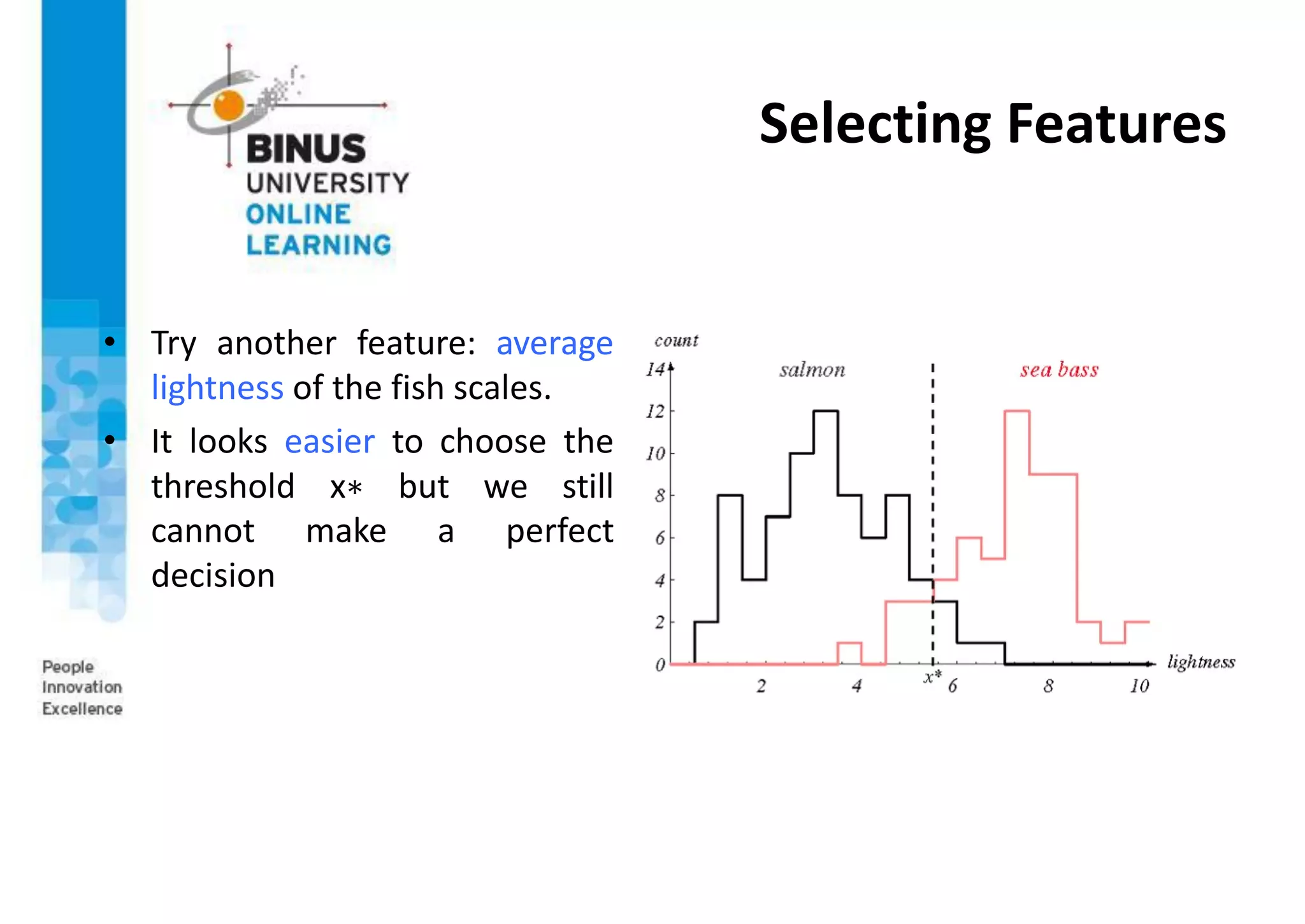 Selecting Features
• Try another feature: average
lightness of the fish scales.
• It looks easier to choose the
threshold x∗ but we still
cannot make a perfect
decision
 