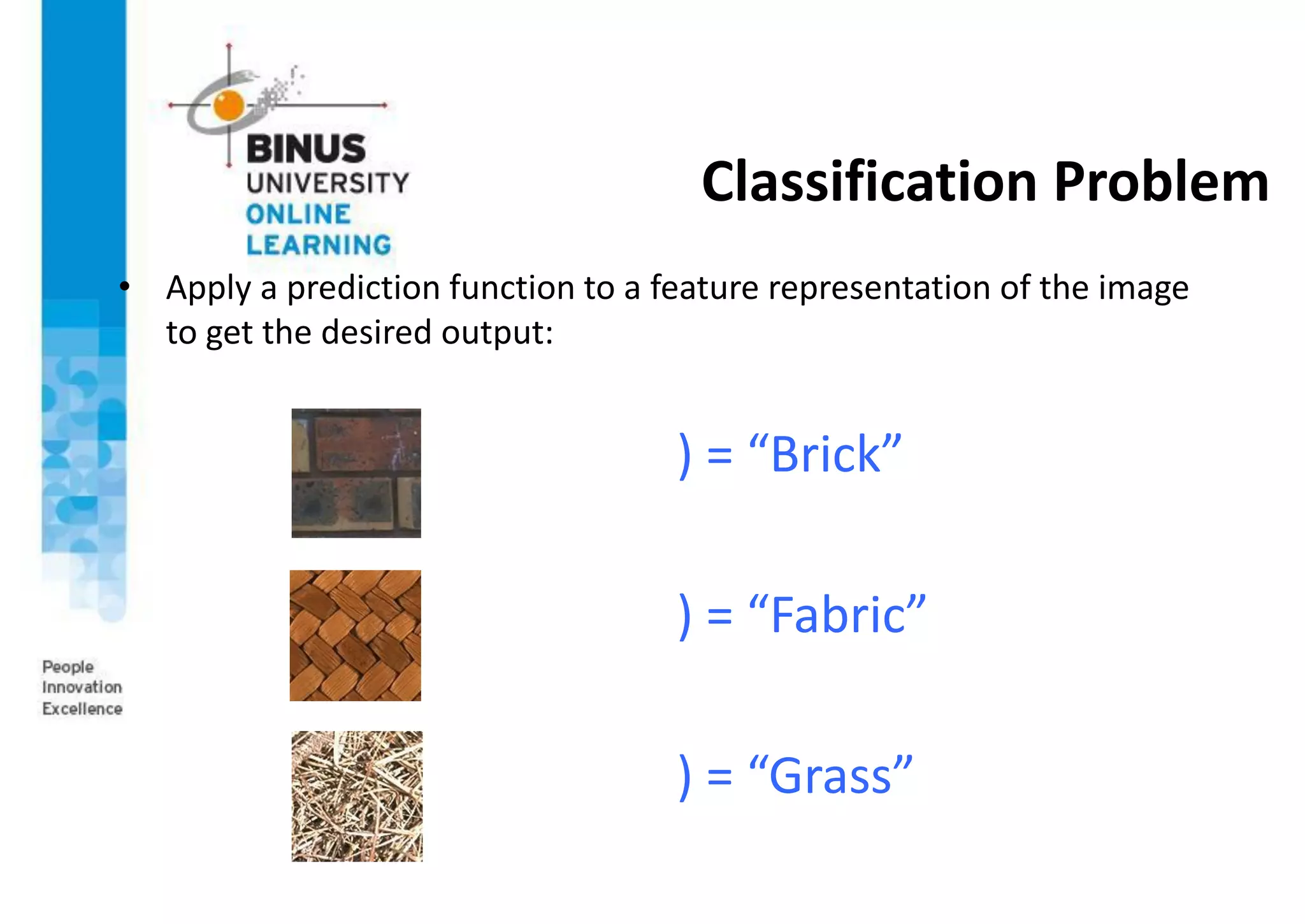Classification Problem
• Apply a prediction function to a feature representation of the image
to get the desired output:
f( ) = “Brick”
f( ) = “Fabric”
f( ) = “Grass”
 