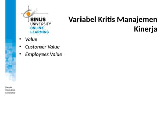 Variabel Kritis Manajemen
Kinerja
• Value
• Customer Value
• Employees Value
 