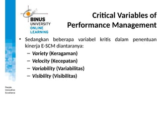 Critical Variables of
Performance Management
• Sedangkan beberapa variabel kritis dalam penentuan
kinerja E-SCM diantaranya:
– Variety (Keragaman)
– Velocity (Kecepatan)
– Variability (Variabilitas)
– Visibility (Visibilitas)
 