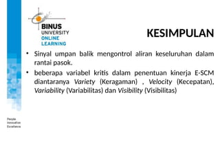 KESIMPULAN
• Sinyal umpan balik mengontrol aliran keseluruhan dalam
rantai pasok.
• beberapa variabel kritis dalam penentuan kinerja E-SCM
diantaranya Variety (Keragaman) , Velocity (Kecepatan),
Variability (Variabilitas) dan Visibility (Visibilitas)
 