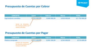 Presupuesto de Cuentas por Cobrar
CONCEPTO Enero Febrero Marzo TOTAL
Exprimidores vendidos S/520 000,00 S/600 000,00 S/630 000,00 S/1 750 000,00
CONCEPTO Enero Febrero Marzo TOTAL
Plástico comprado S/272 400,00 S/202 200,00 S/245 000,00 S/719 600,00
Presupuesto de Cuentas por Pagar
Ventas de diciembre.
De acuerdo a política de
ventas (a 30 días)
Compras de noviembre.
De acuerdo a política de
compras (a 60 días)
 
