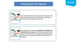 Es el estado financiero que cuantifica el importe de los
recursos monetarios que se reciben en razón de las
operaciones del proyecto de inversión.
Para elaborarlo se utilizan el estudio de mercado y los
estudios técnicos, que sirven de base para realizar las
estimaciones sobre las ventas que se considera que es
posible realizar durante el periodo de duración de la
inversión.
Presupuestos de Ingresos
 
