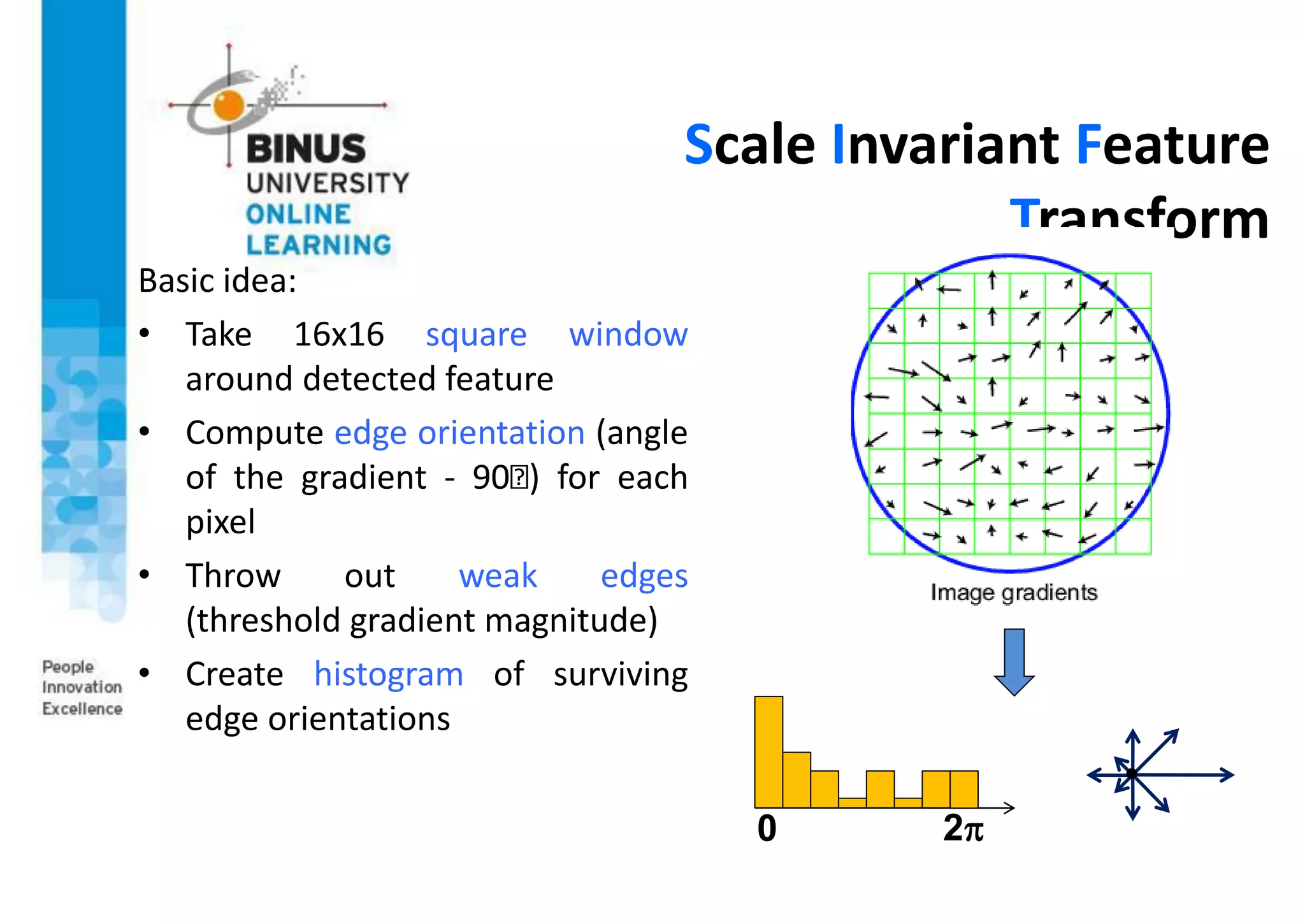 Scale Invariant Feature
Transform
Basic idea:
• Take 16x16 square window
around detected feature
• Compute edge orientation (angle
of the gradient - 90 ) for each
pixel
• Throw out weak edges
(threshold gradient magnitude)
• Create histogram of surviving
edge orientations
0 2
 