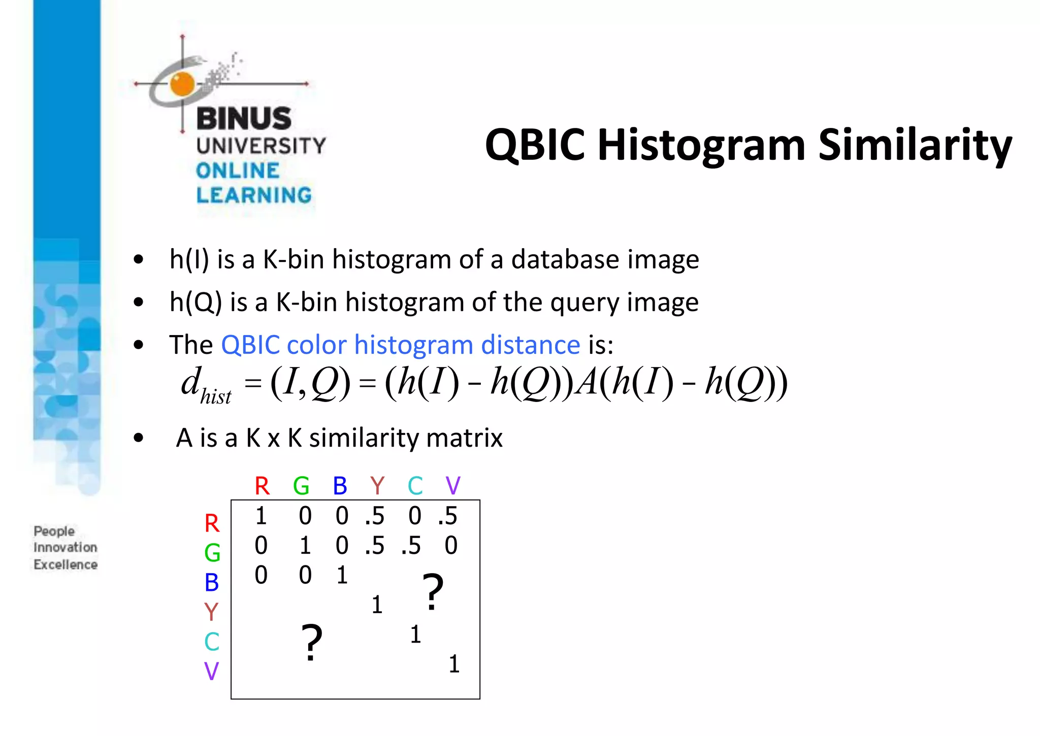 QBIC Histogram Similarity
• h(I) is a K-bin histogram of a database image
• h(Q) is a K-bin histogram of the query image
• The QBIC color histogram distance is:
• A is a K x K similarity matrix
dhist =(I,Q)=(h(I)-h(Q))A(h(I)-h(Q))
R G B Y C V
1 0 0 .5 0 .5
0 1 0 .5 .5 0
0 0 1
1
1
1
R
G
B
Y
C
V
?
?
 