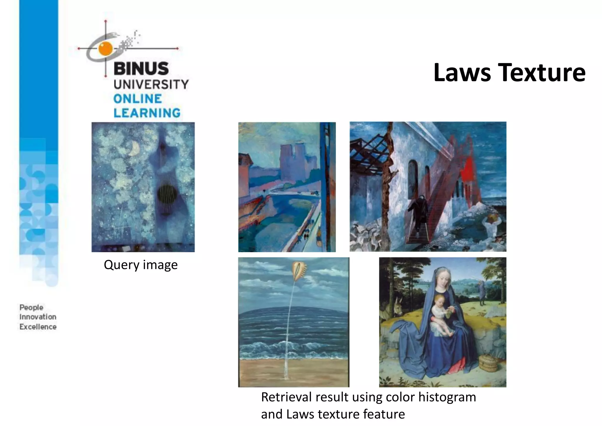 Laws Texture
Query image
Retrieval result using color histogram
and Laws texture feature
 