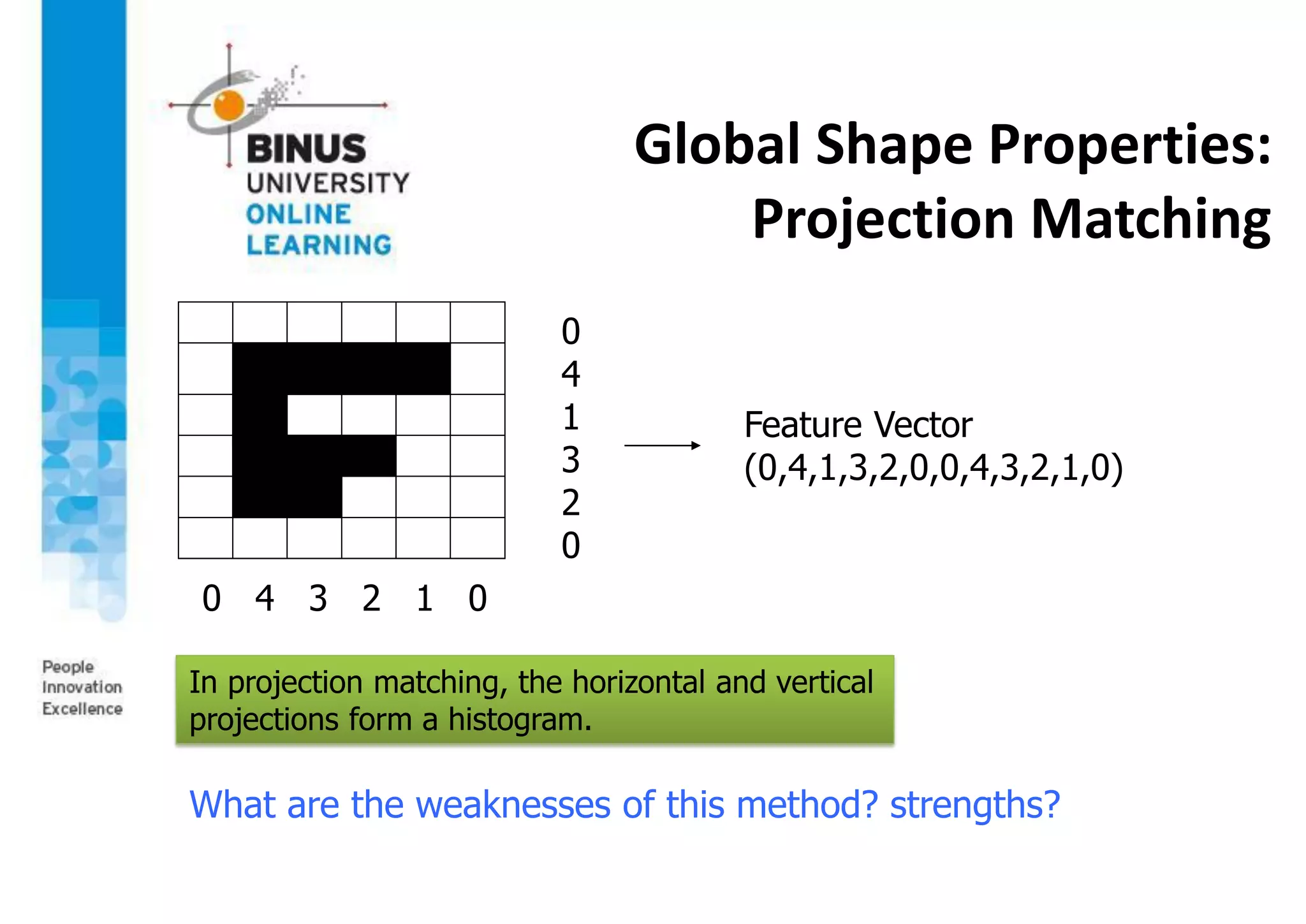 Global Shape Properties:
Projection Matching
0
4
1
3
2
0
0 4 3 2 1 0
In projection matching, the horizontal and vertical
projections form a histogram.
Feature Vector
(0,4,1,3,2,0,0,4,3,2,1,0)
What are the weaknesses of this method? strengths?
 