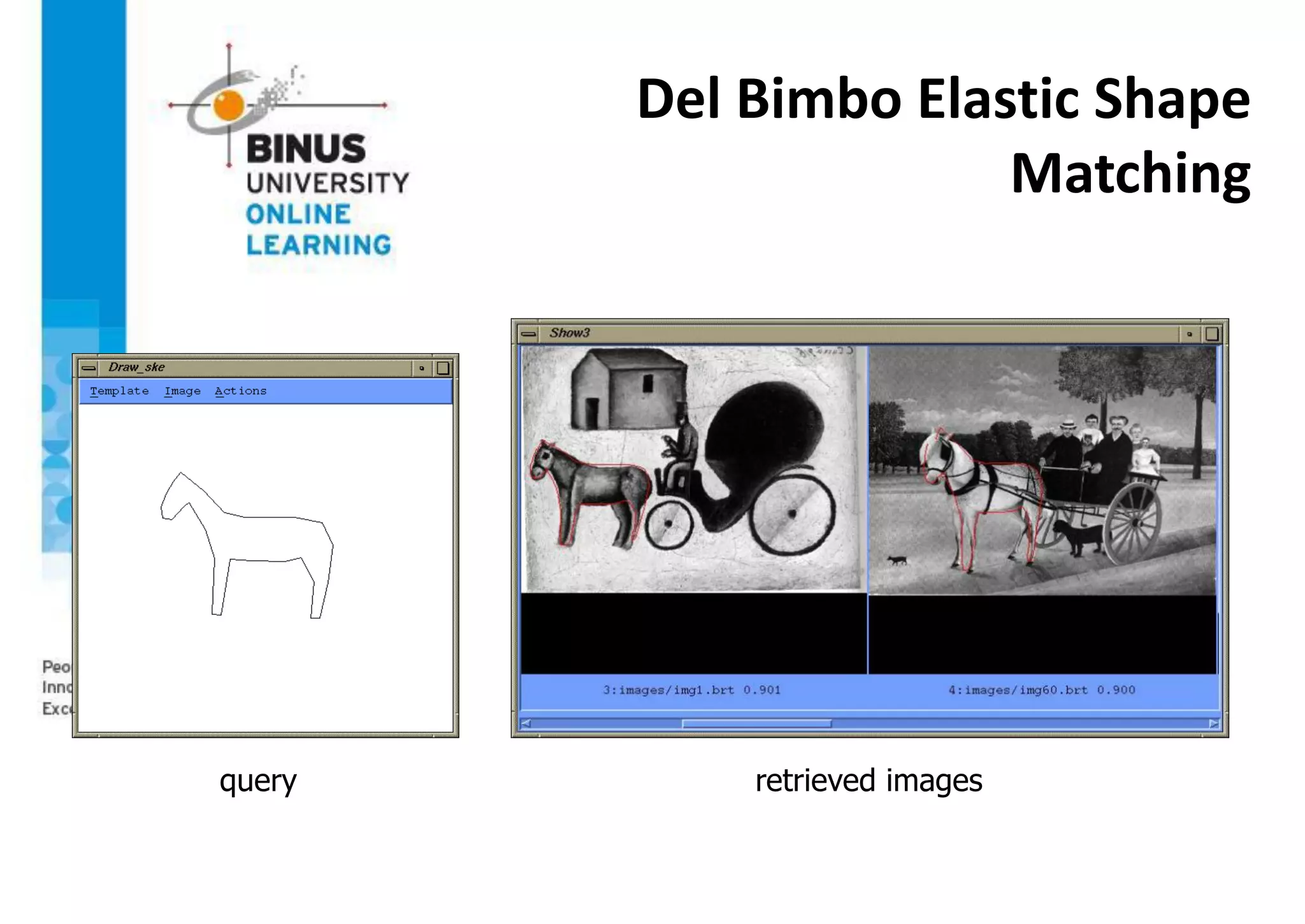 Del Bimbo Elastic Shape
Matching
query retrieved images
 