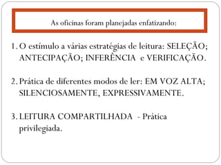As oficinas foram planejadas enfatizando:
1.O estímulo a várias estratégias de leitura: SELEÇÃO;
ANTECIPAÇÃO; INFERÊNCIA e VERIFICAÇÃO.
2.Prática de diferentes modos de ler: EM VOZ ALTA;
SILENCIOSAMENTE, EXPRESSIVAMENTE.
3.LEITURA COMPARTILHADA - Prática
privilegiada.
 