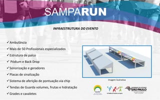 INFRAESTRUTURA DO EVENTO
Ambulância
Mais de 50 Profissionais especializados
Estrutura de palco
 Pódium e Back Drop
Sonorização e geradores
Placas de sinalização
Sistema de aferição de pontuação via chip
Tendas de Guarda volumes, frutas e hidratação
Grades e cavaletes
SAMPARUN
Imagem ilustrativa
 