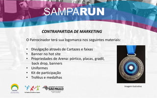 SAMPARUN
CONTRAPARTIDA DE MARKETING
O Patrocinador terá sua logomarca nos seguintes materiais:
• Divulgação através de Cartazes e faixas
• Banner no hot site
• Propriedades de Arena: pórtico, placas, gradil,
back drop, banners
• Uniformes
• Kit de participação
• Troféus e medalhas
Imagem ilustrativa
 