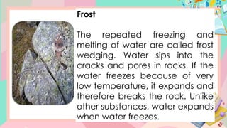 Frost
The repeated freezing and
melting of water are called frost
wedging. Water sips into the
cracks and pores in rocks. If the
water freezes because of very
low temperature, it expands and
therefore breaks the rock. Unlike
other substances, water expands
when water freezes.
 