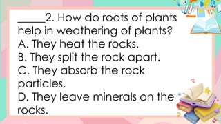 _____2. How do roots of plants
help in weathering of plants?
A. They heat the rocks.
B. They split the rock apart.
C. They absorb the rock
particles.
D. They leave minerals on the
rocks.
 