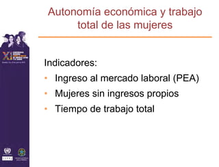 Autonomía económica y trabajo
     total de las mujeres


Indicadores:
• Ingreso al mercado laboral (PEA)
• Mujeres sin ingresos propios
• Tiempo de trabajo total
 
