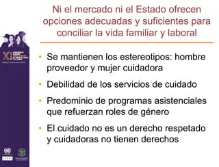Ni el mercado ni el Estado ofrecen
 opciones adecuadas y suficientes para
    conciliar la vida familiar y laboral

• Se mantienen los estereotipos: hombre
  proveedor y mujer cuidadora
• Debilidad de los servicios de cuidado
• Predominio de programas asistenciales
  que refuerzan roles de género
• El cuidado no es un derecho respetado
  y cuidadoras no tienen derechos
 