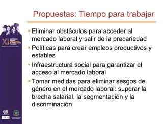 Propuestas: Tiempo para trabajar

Eliminar obstáculos para acceder al
mercado laboral y salir de la precariedad
Políticas para crear empleos productivos y
estables
Infraestructura social para garantizar el
acceso al mercado laboral
Tomar medidas para eliminar sesgos de
género en el mercado laboral: superar la
brecha salarial, la segmentación y la
discriminación
 