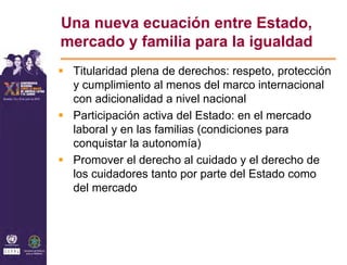 Una nueva ecuación entre Estado,
mercado y familia para la igualdad
 Titularidad plena de derechos: respeto, protección
 y cumplimiento al menos del marco internacional
 con adicionalidad a nivel nacional
 Participación activa del Estado: en el mercado
 laboral y en las familias (condiciones para
 conquistar la autonomía)
 Promover el derecho al cuidado y el derecho de
 los cuidadores tanto por parte del Estado como
 del mercado
 