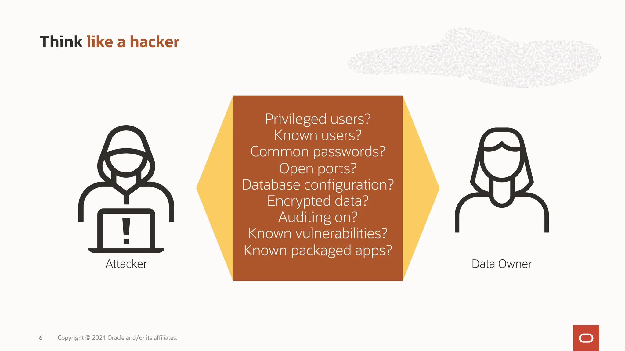 Think like a hacker
Copyright © 2021 Oracle and/or its affiliates.
6
Privileged users?
Known users?
Common passwords?
Open ports?
Database configuration?
Encrypted data?
Auditing on?
Known vulnerabilities?
Known packaged apps?
Attacker Data Owner
 
