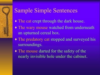 Sample Simple Sentences
♦ The cat crept through the dark house.
♦ The wary mouse watched from underneath
an upturned cereal box.
♦ The predatory cat stopped and surveyed his
surroundings.
♦ The mouse darted for the safety of the
nearly invisible hole under the cabinet.
 